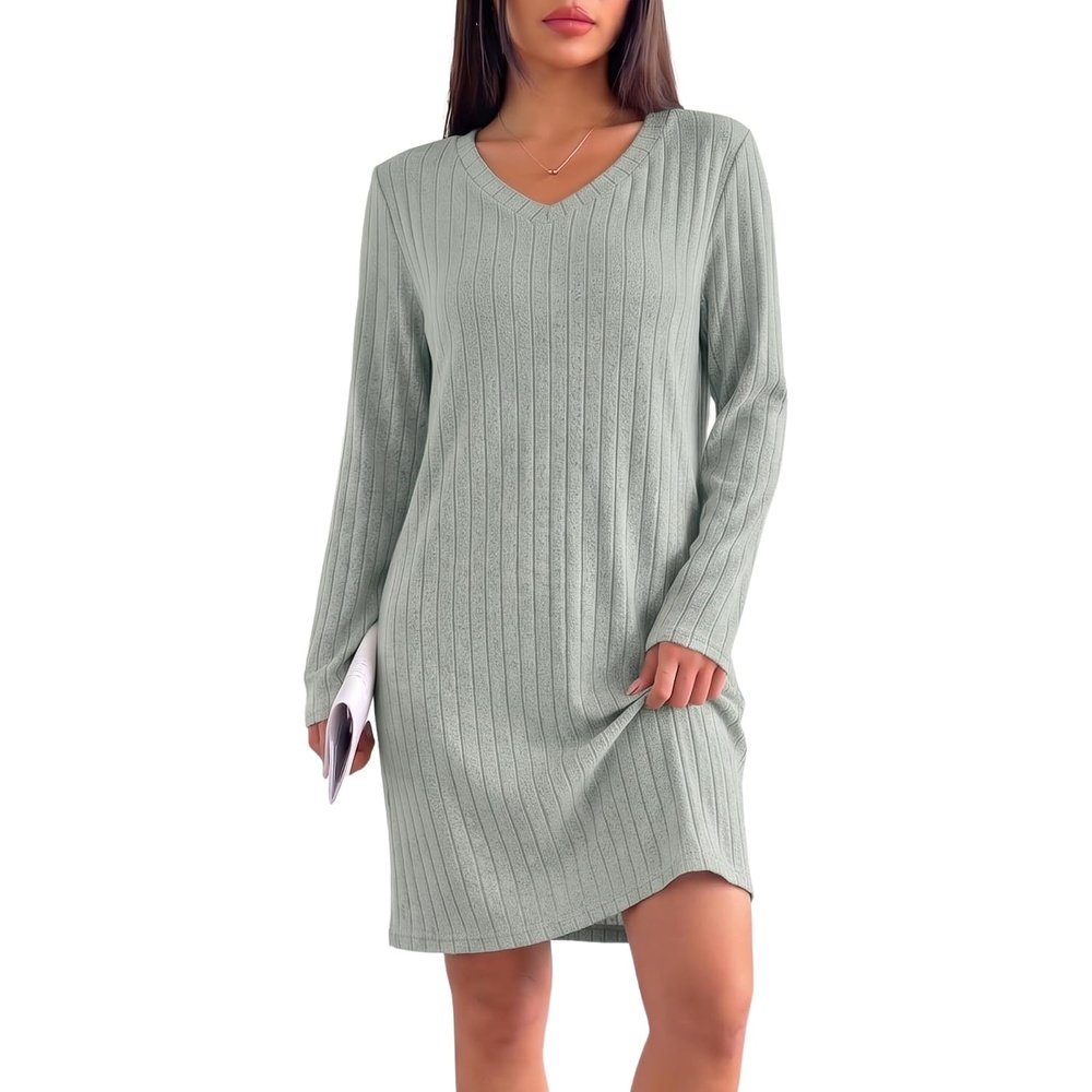 image:imageEkouaer Long Sleeve Nightgowns for Women V Neck Ribbed Knit Sleepwear S3XL Soft Cozy Stretchy Sleepshirt Loose Fit House Dress for Sleep Home Casual Time Going Out PartyLight Green