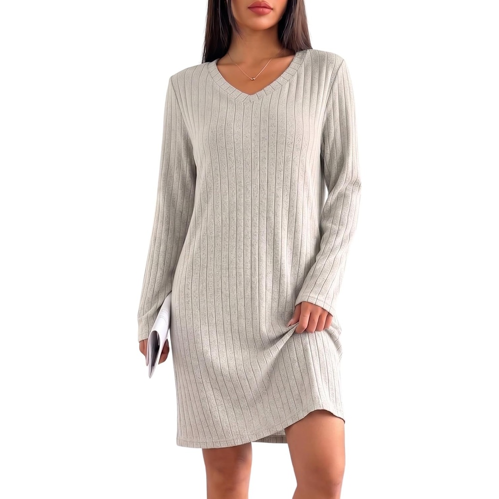 image:imageEkouaer Long Sleeve Nightgowns for Women V Neck Ribbed Knit Sleepwear S3XL  Soft Cozy Stretchy Sleepshirt Loose Fit House Dress for Sleep Home Casual Time Going Out PartyKhaki