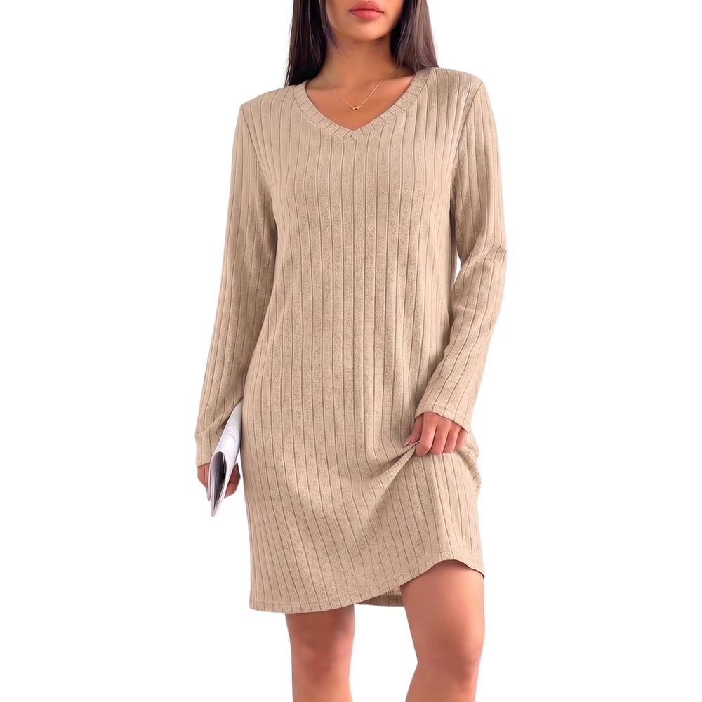 image:imageEkouaer Long Sleeve Nightgowns for Women V Neck Ribbed Knit Sleepwear S3XL Soft Cozy Stretchy Sleepshirt Loose Fit House Dress for Sleep Home Casual Time Going Out PartyTea Grey