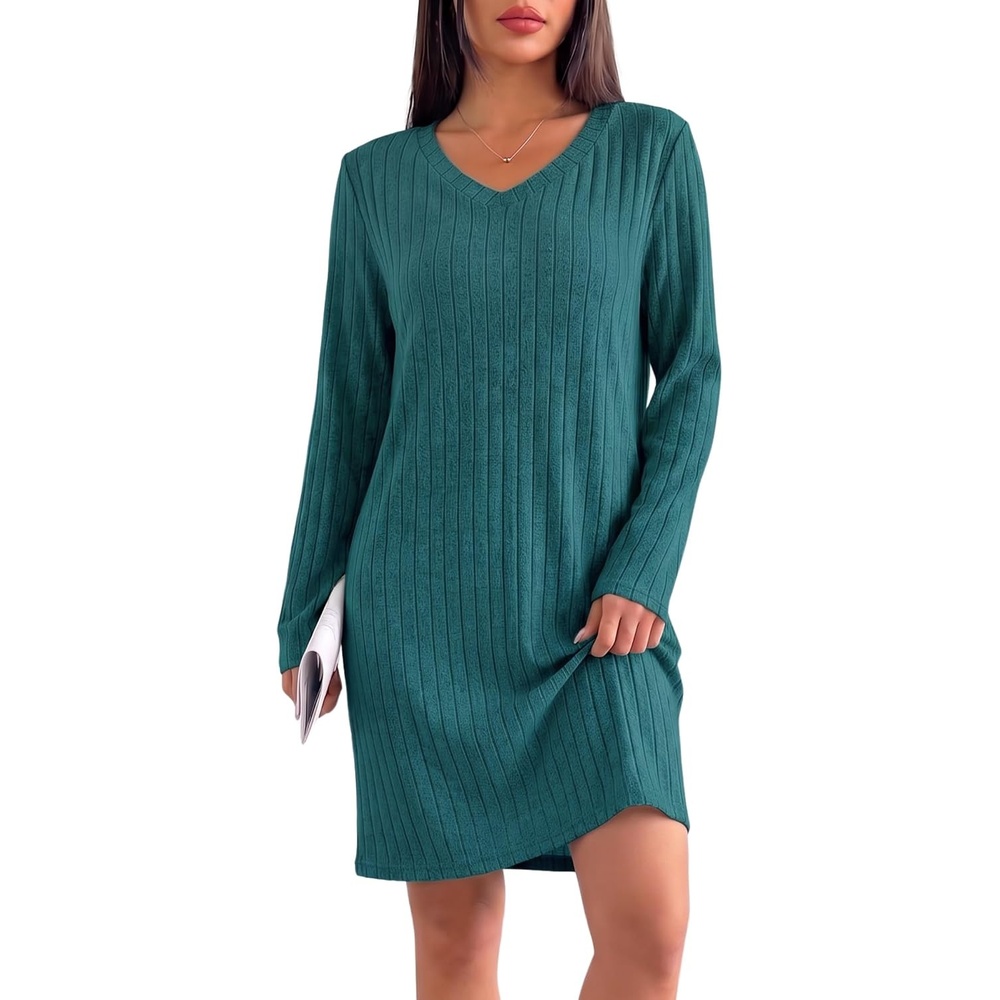 image:imageEkouaer Long Sleeve Nightgowns for Women V Neck Ribbed Knit Sleepwear S3XL Soft Cozy Stretchy Sleepshirt Loose Fit House Dress for Sleep Home Casual Time Going Out PartyBlue Green