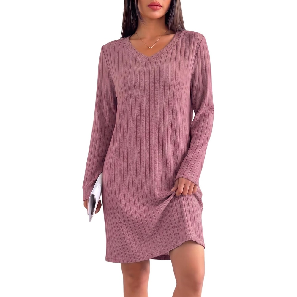 image:imageEkouaer Long Sleeve Nightgowns for Women V Neck Ribbed Knit Sleepwear S3XL Soft Cozy Stretchy Sleepshirt Loose Fit House Dress for Sleep Home Casual Time Going Out PartyDusty Rose