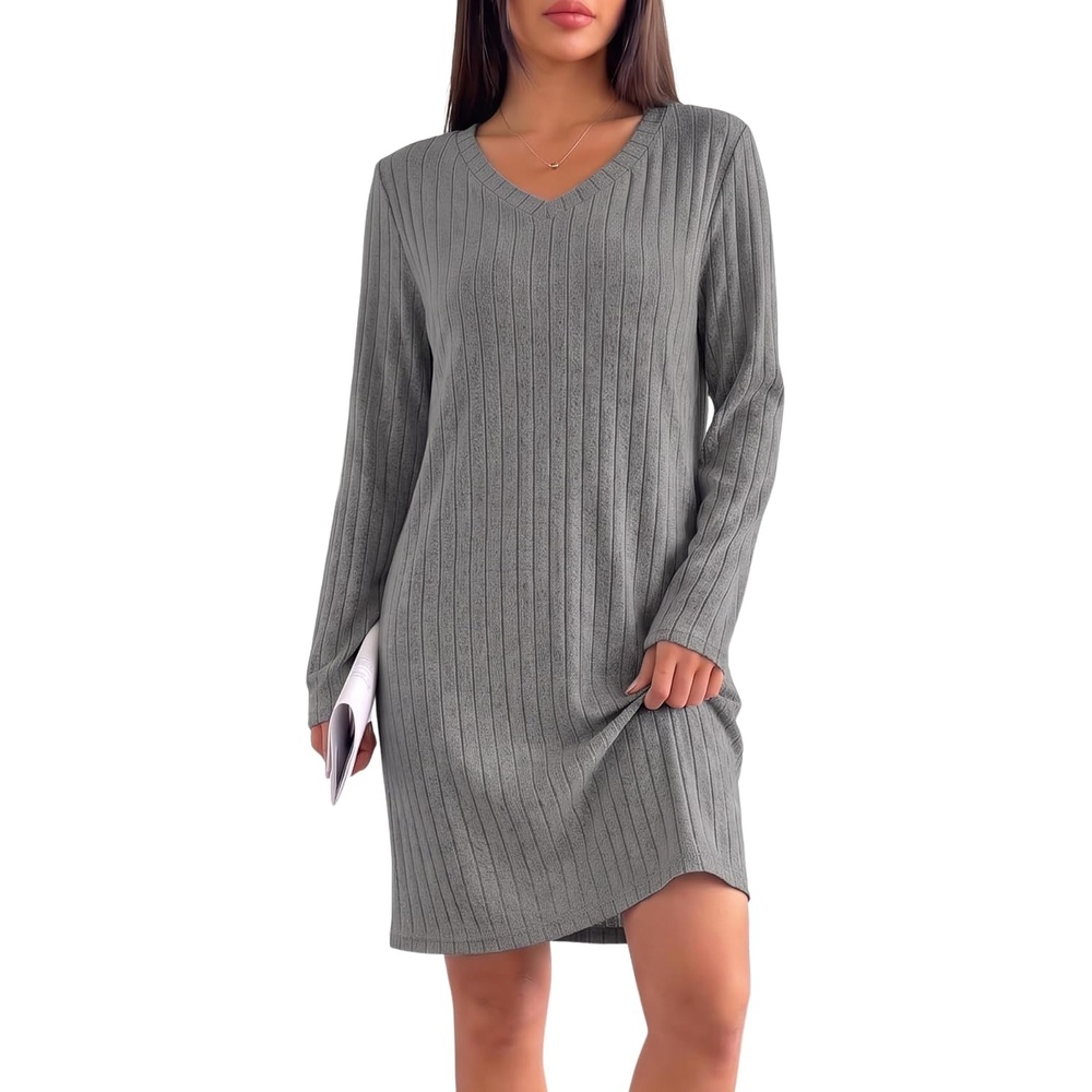image:imageEkouaer Long Sleeve Nightgowns for Women V Neck Ribbed Knit Sleepwear S3XL Soft Cozy Stretchy Sleepshirt Loose Fit House Dress for Sleep Home Casual Time Going Out PartyMid Grey