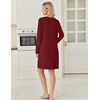 Ekouaer Long Sleeve Nightgowns for Women V Neck Ribbed Knit Sleepwear S-3XL | Soft Cozy Stretchy Sleepshirt Loose Fit House Dress for Sleep, Home, Casual Time, Going Out, Party(Wine Red)