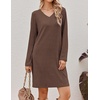 Ekouaer Long Sleeve Nightgowns for Women V Neck Ribbed Knit Sleepwear S-3XL | Soft Cozy Stretchy Sleepshirt Loose Fit House Dress for Sleep, Home, Casual Time, Going Out, Party(Brown)