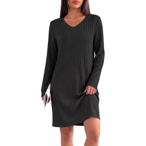 Ekouaer Long Sleeve Nightgowns for Women V Neck Ribbed Knit Sleepwear S-3XL | Soft Cozy Stretchy Sleepshirt Loose Fit House Dress for Sleep, Home, Casual Time, Going Out, Party(Black)