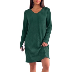 Ekouaer Long Sleeve Nightgowns for Women V Neck Ribbed Knit Sleepwear S-3XL | Soft Cozy Stretchy Sleepshirt Loose Fit House Dress for Sleep, Home, Casual Time, Going Out, Party(Deep Green)