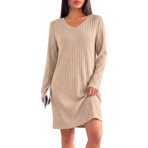 Ekouaer Long Sleeve Nightgowns for Women V Neck Ribbed Knit Sleepwear S-3XL | Soft Cozy Stretchy Sleepshirt Loose Fit House Dress for Sleep, Home, Casual Time, Going Out, Party(Tea Grey)