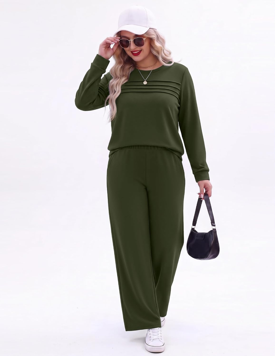 image:imageEkouaer 2 Piece Sets for Women Lounge Set Airport Fall Travel Outfits 2026 Pleated Top Long Sleeve Wide Leg Pants Casual Tracksuit Matching Sets Cozy Sweatsuits Vacation Fashion Women ClothingArmy Green