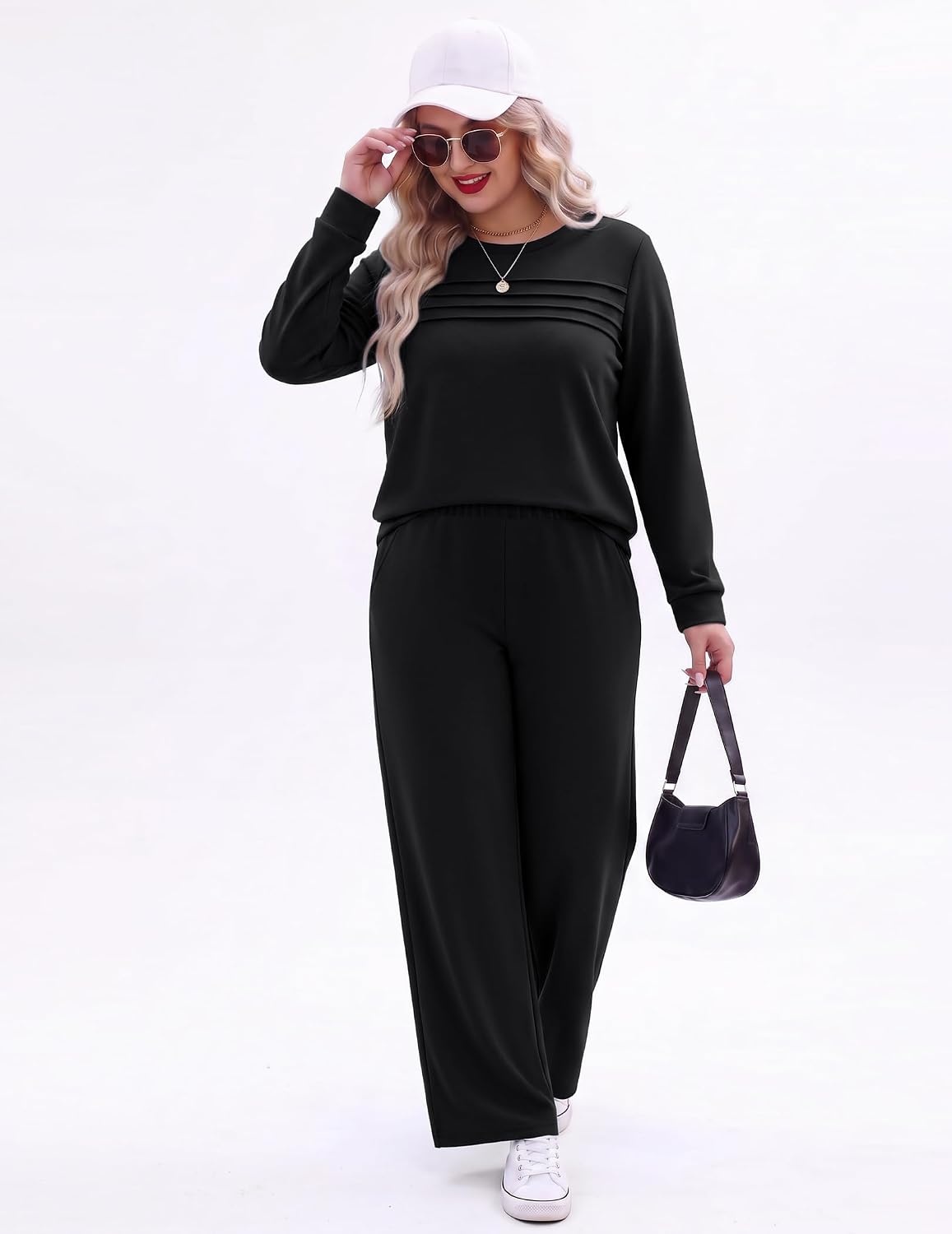 image:imageEkouaer 2 Piece Sets for Women Lounge Set Airport Fall Travel Outfits 2026 Pleated Top Long Sleeve Wide Leg Pants Casual Tracksuit Matching Sets Cozy Sweatsuits Vacation Fashion Women ClothingBlack