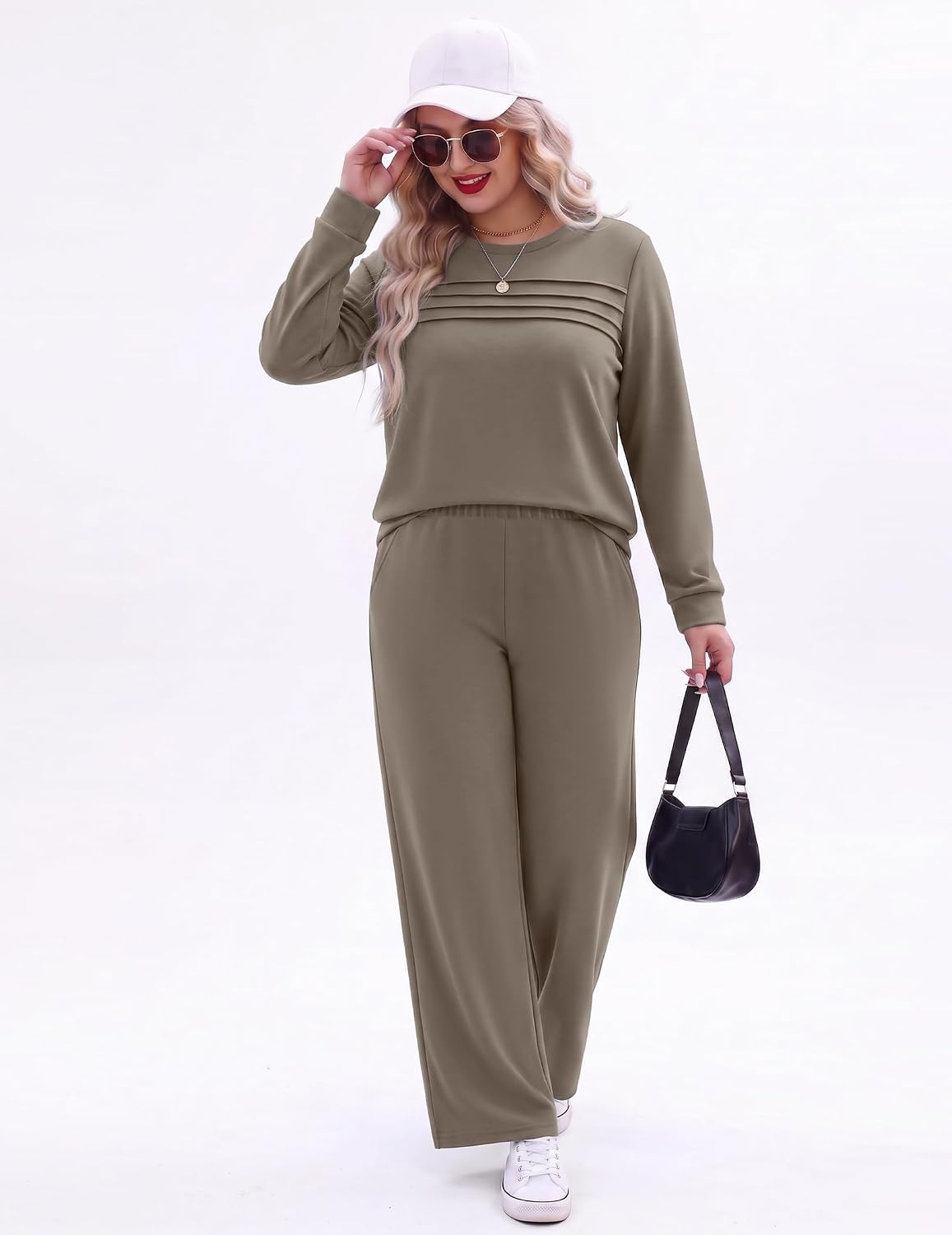 image:imageEkouaer 2 Piece Sets for Women Lounge Set Airport Fall Travel Outfits 2026 Pleated Top Long Sleeve Wide Leg Pants Casual Tracksuit Matching Sets Cozy Sweatsuits Vacation Fashion Women ClothingCoffee