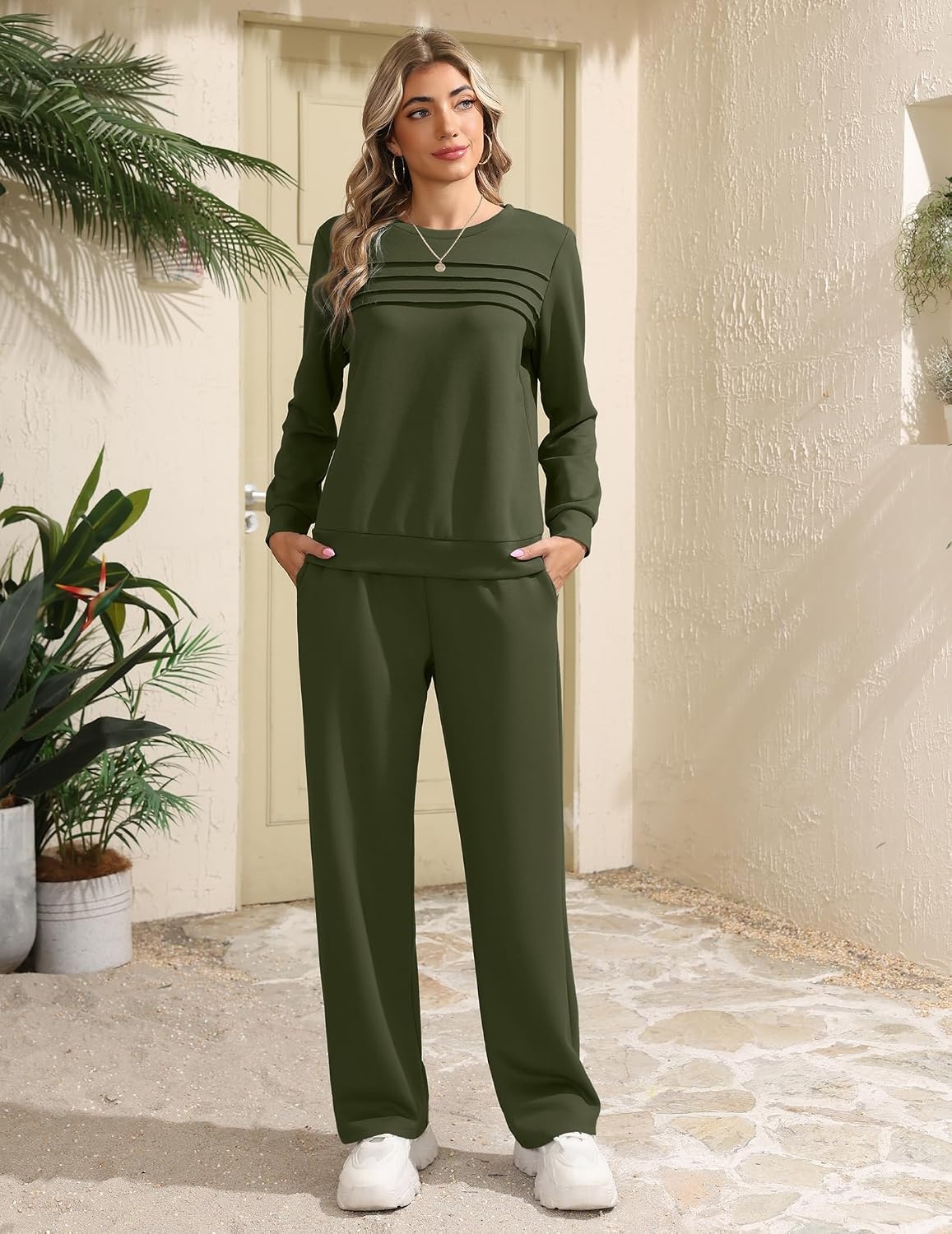 image:imageEkouaer 2 Piece Sets for Women Lounge Set Airport Fall Travel Outfits 2026 Pleated Top Long Sleeve Wide Leg Pants Casual Tracksuit Matching Sets Cozy Sweatsuits Vacation Fashion Women ClothingArmy Green