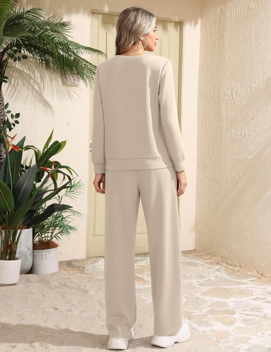image:imageEkouaer 2 Piece Sets for Women Lounge Set Airport Fall Travel Outfits 2026 Pleated Top Long Sleeve Wide Leg Pants Casual Tracksuit Matching Sets Cozy Sweatsuits Vacation Fashion Women ClothingBeige