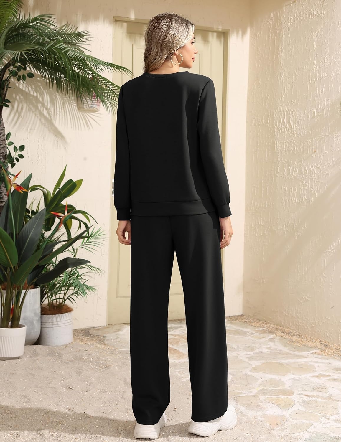 image:imageEkouaer 2 Piece Sets for Women Lounge Set Airport Fall Travel Outfits 2026 Pleated Top Long Sleeve Wide Leg Pants Casual Tracksuit Matching Sets Cozy Sweatsuits Vacation Fashion Women ClothingBlack