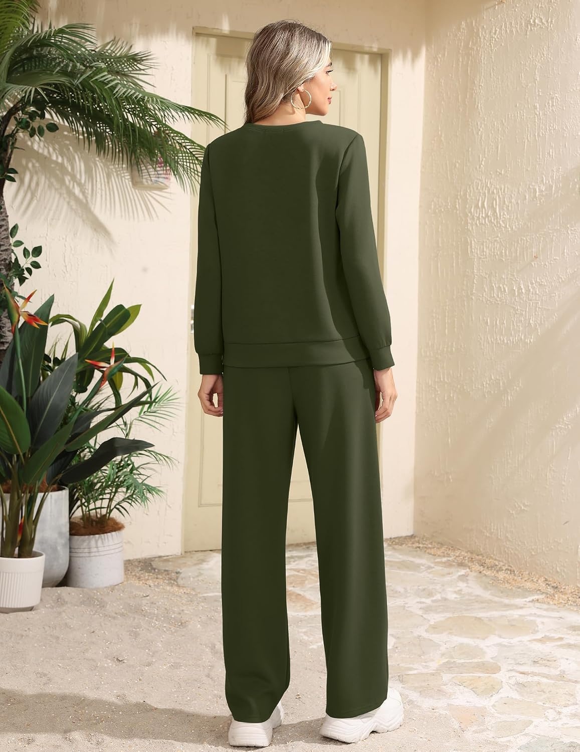 image:imageEkouaer 2 Piece Sets for Women Lounge Set Airport Fall Travel Outfits 2026 Pleated Top Long Sleeve Wide Leg Pants Casual Tracksuit Matching Sets Cozy Sweatsuits Vacation Fashion Women ClothingArmy Green