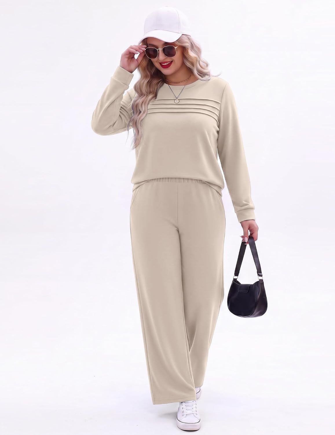 image:imageEkouaer 2 Piece Sets for Women Lounge Set Airport Fall Travel Outfits 2026 Pleated Top Long Sleeve Wide Leg Pants Casual Tracksuit Matching Sets Cozy Sweatsuits Vacation Fashion Women ClothingBeige