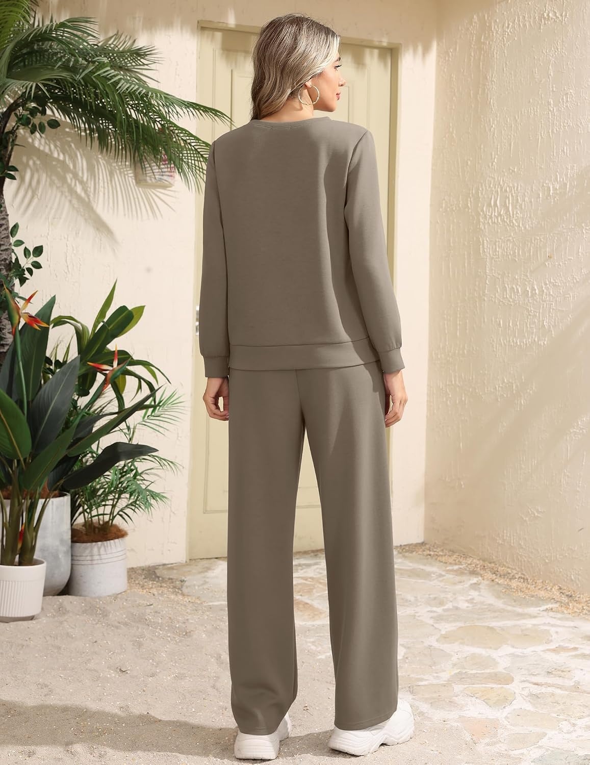 image:imageEkouaer 2 Piece Sets for Women Lounge Set Airport Fall Travel Outfits 2026 Pleated Top Long Sleeve Wide Leg Pants Casual Tracksuit Matching Sets Cozy Sweatsuits Vacation Fashion Women ClothingCoffee