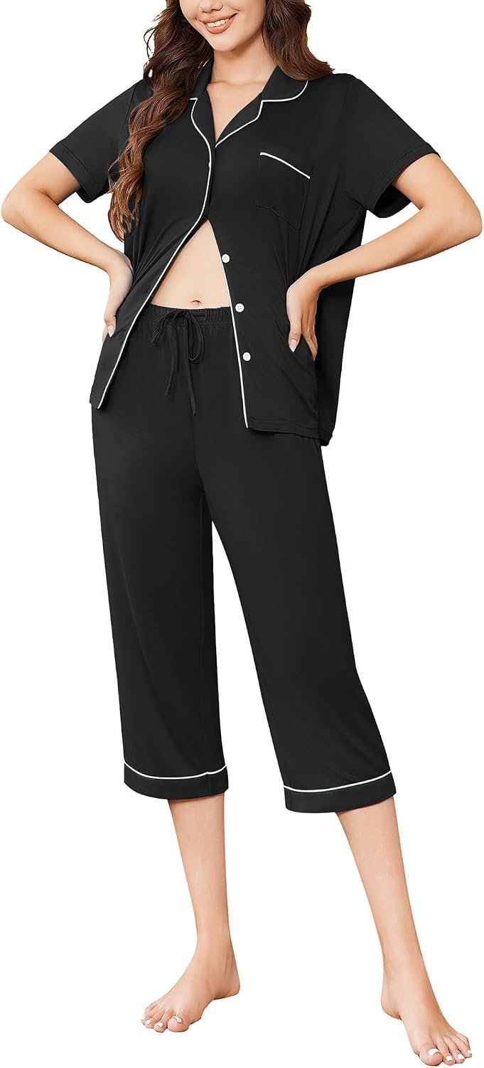 image:imageEkouaer Capri Pajamas for Women Short Sleeve Button Down Sleepwear Comfy Lounge Set 2Piece Pants Pjs Capri Pants With PocketsChest PocketNotch CollarContrast PipingsSleepwear For Home LoungwearWeddingPartyampBreastfeedingBlack