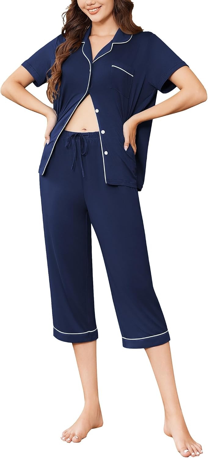 image:imageEkouaer Capri Pajamas for Women Short Sleeve Button Down Sleepwear Comfy Lounge Set 2Piece Pants Pjs Capri Pants With PocketsChest PocketNotch CollarContrast PipingsSleepwear For Home LoungwearWeddingPartyampBreastfeedingNavy Blue