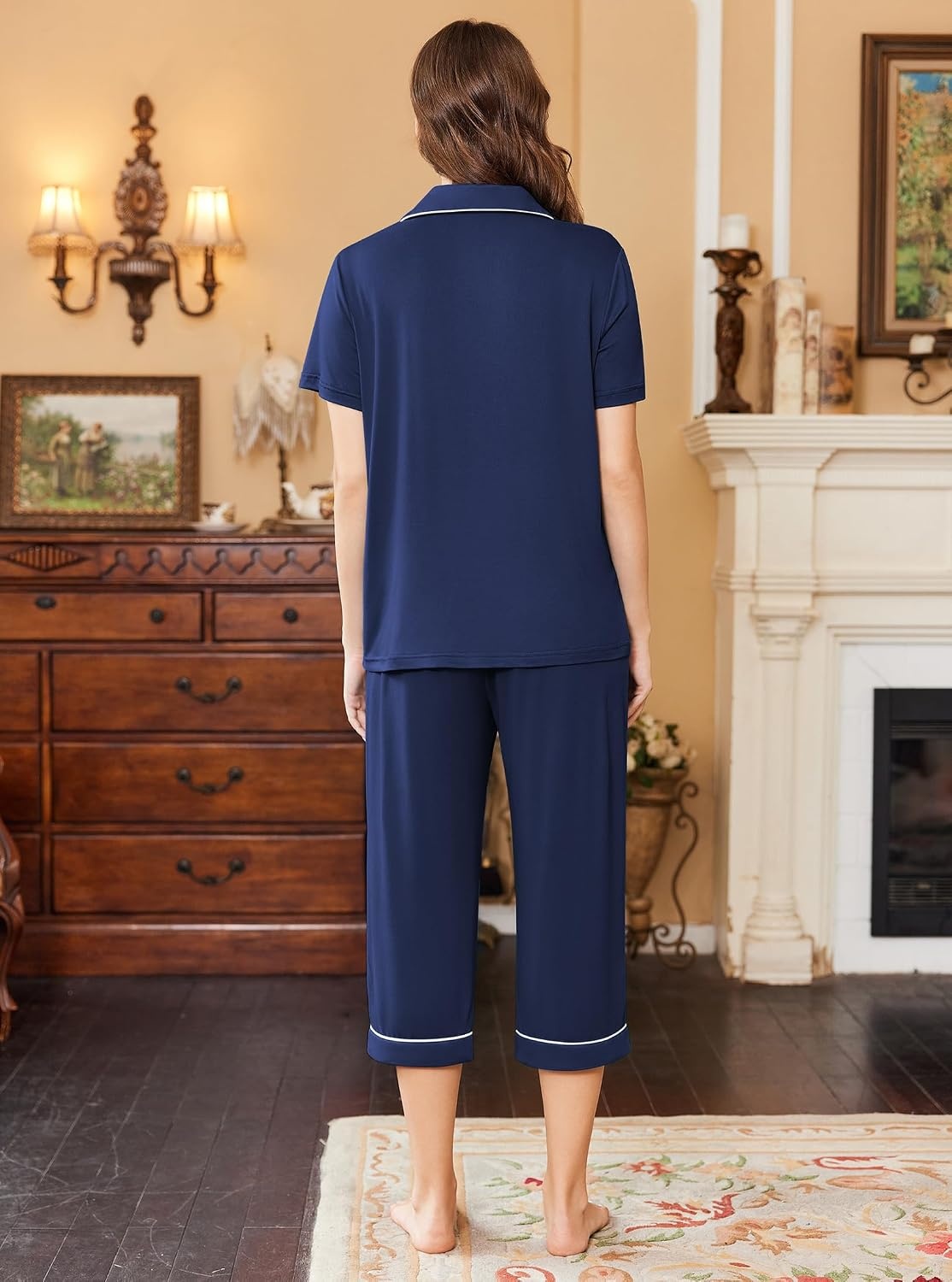 image:imageEkouaer Capri Pajamas for Women Short Sleeve Button Down Sleepwear Comfy Lounge Set 2Piece Pants Pjs Capri Pants With PocketsChest PocketNotch CollarContrast PipingsSleepwear For Home LoungwearWeddingPartyampBreastfeedingNavy Blue