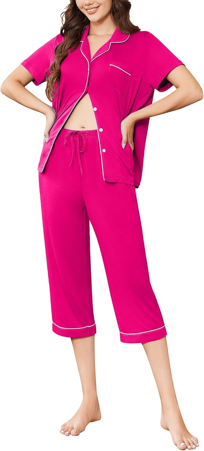 image:imageEkouaer Capri Pajamas for Women Short Sleeve Button Down Sleepwear Comfy Lounge Set 2Piece Pants Pjs Capri Pants With PocketsChest PocketNotch CollarContrast PipingsSleepwear For Home LoungwearWeddingPartyampBreastfeedingRose Red