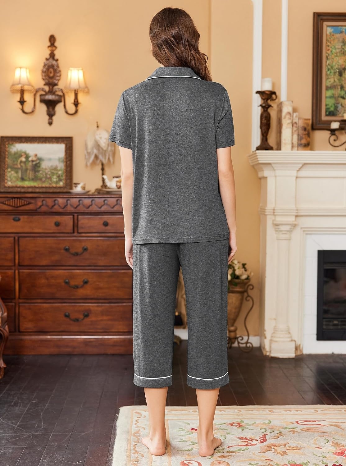 image:imageEkouaer Capri Pajamas for Women Short Sleeve Button Down Sleepwear Comfy Lounge Set 2Piece Pants Pjs Capri Pants With PocketsChest PocketNotch CollarContrast PipingsSleepwear For Home LoungwearWeddingPartyampBreastfeedingDark Gray
