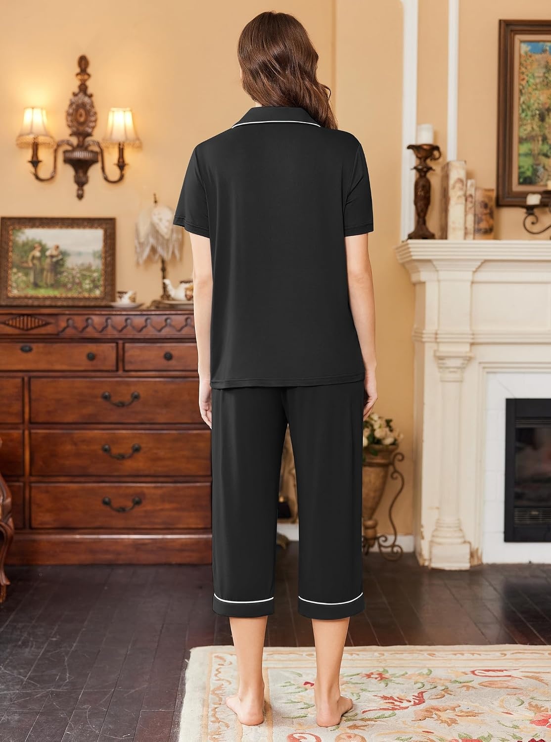 image:imageEkouaer Capri Pajamas for Women Short Sleeve Button Down Sleepwear Comfy Lounge Set 2Piece Pants Pjs Capri Pants With PocketsChest PocketNotch CollarContrast PipingsSleepwear For Home LoungwearWeddingPartyampBreastfeedingBlack