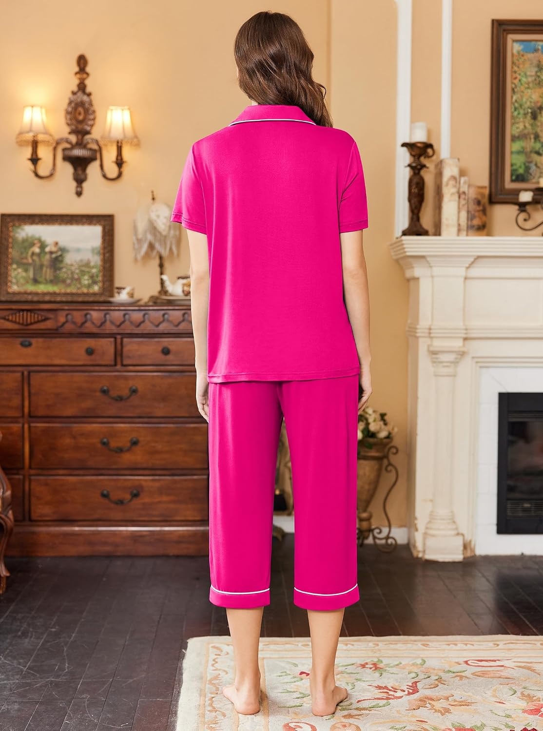 image:imageEkouaer Capri Pajamas for Women Short Sleeve Button Down Sleepwear Comfy Lounge Set 2Piece Pants Pjs Capri Pants With PocketsChest PocketNotch CollarContrast PipingsSleepwear For Home LoungwearWeddingPartyampBreastfeedingRose Red