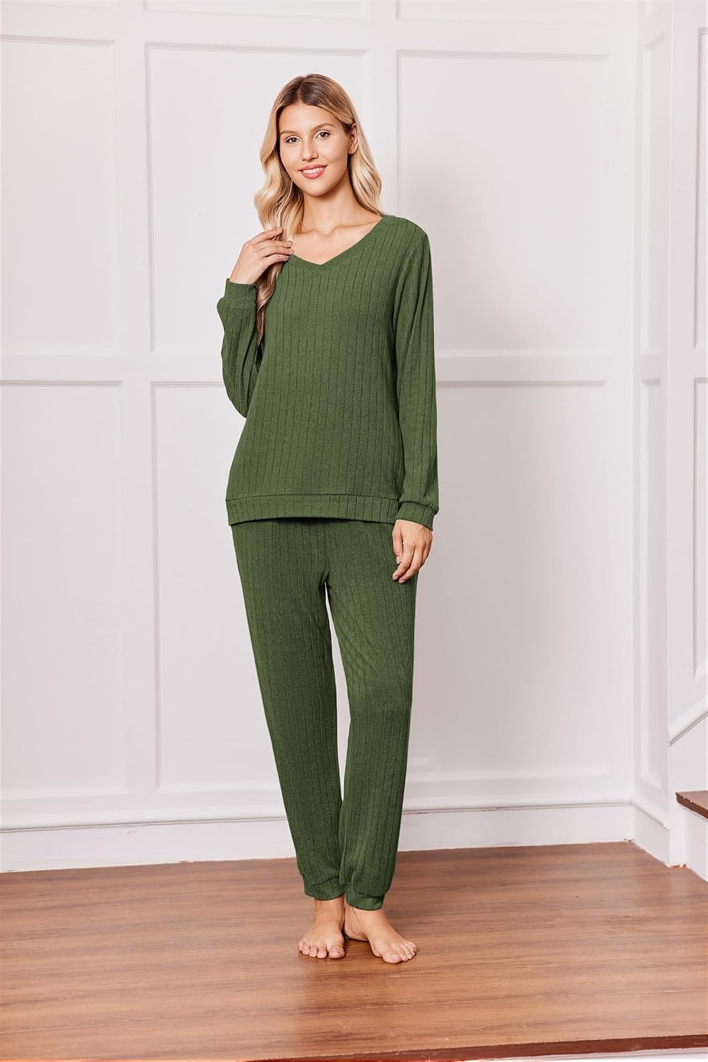 image:imageEkouaer Lounge Sets for Women Long Sleeve Ribbed Knit Pajama Set Soft Warm Fall Winter Outfits 2026 V Neck Long Sleeve Tops Long Pants with Pockets 2 Piece Loungewear Home WearArmy Green