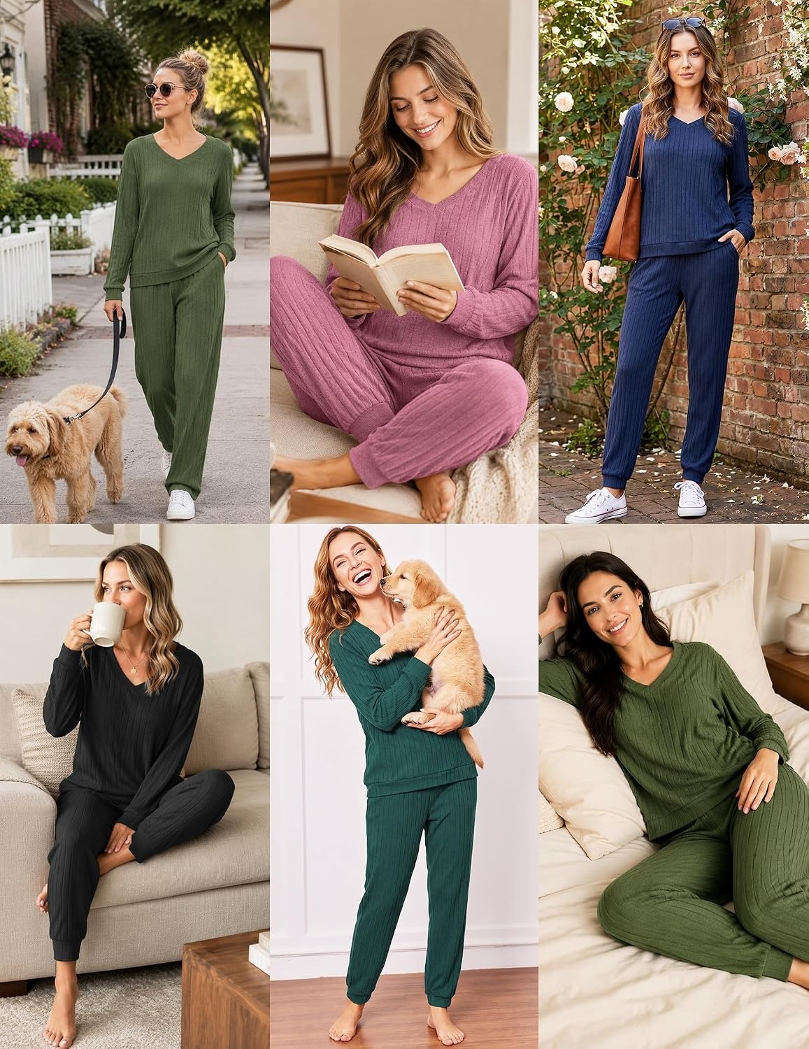 image:imageEkouaer Lounge Sets for Women Long Sleeve Ribbed Knit Pajama Set Soft Warm Fall Winter Outfits 2026 V Neck Long Sleeve Tops Long Pants with Pockets 2 Piece Loungewear Home WearArmy Green