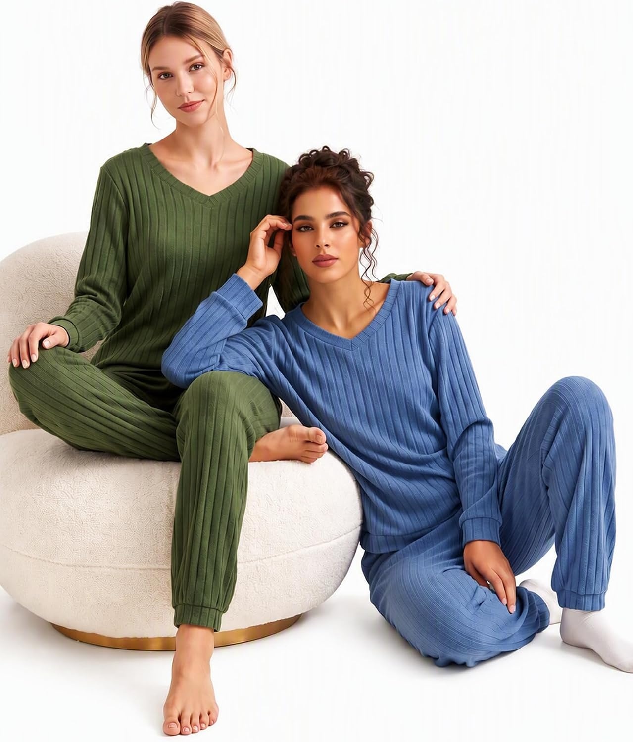 image:imageEkouaer Lounge Sets for Women Long Sleeve Ribbed Knit Pajama Set Soft Warm Fall Winter Outfits 2026 V Neck Long Sleeve Tops Long Pants with Pockets 2 Piece Loungewear Home WearArmy Green
