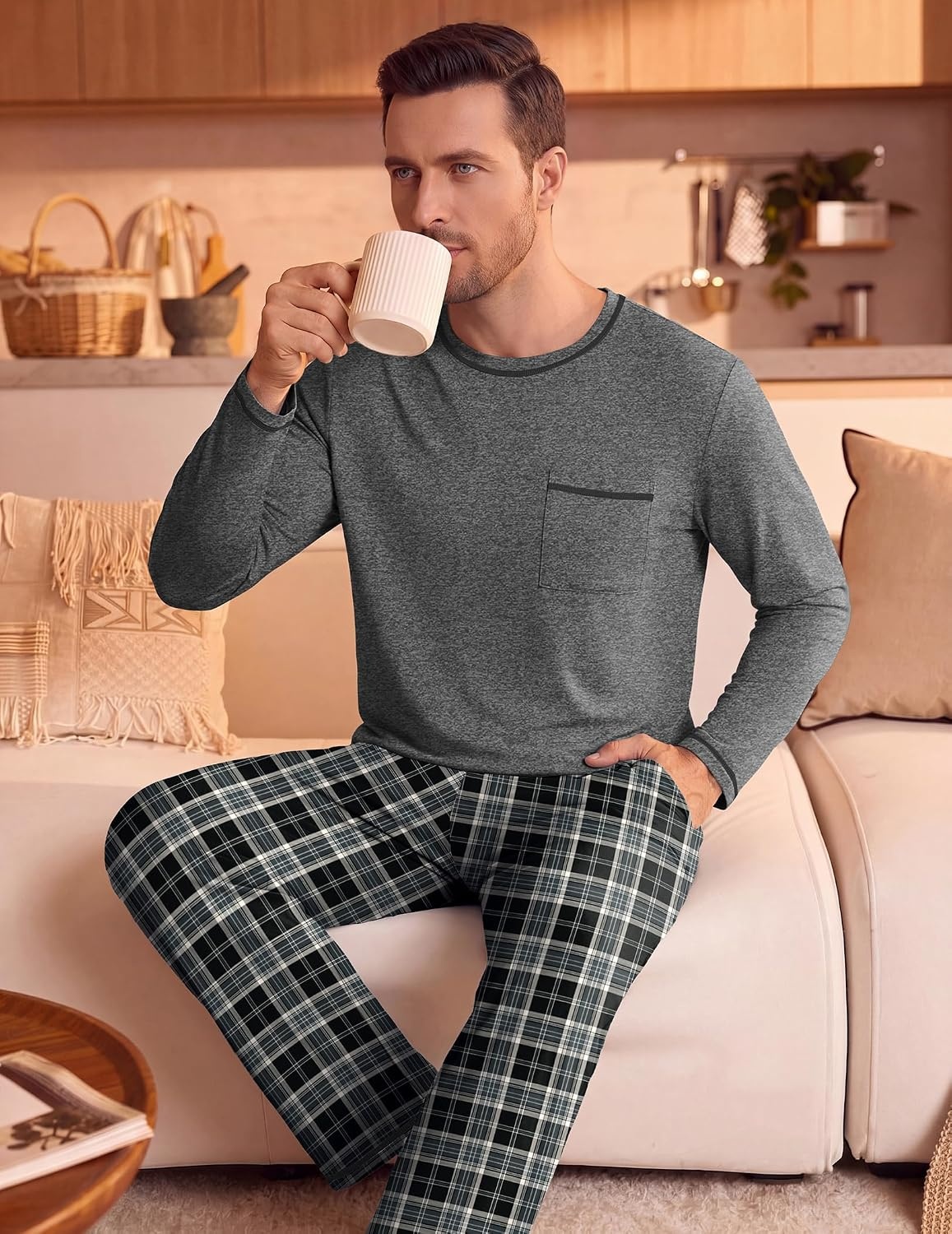 image:imageEkouaer Mens Long Sleeve TShirt Pajama Set Soft 2 Piece Lounge Set Lightweight Long Sleeve Shirts and Bottoms Soft Comfy Sleep Sets2 Pieces LoungewearCrew NeckGrey Plaid