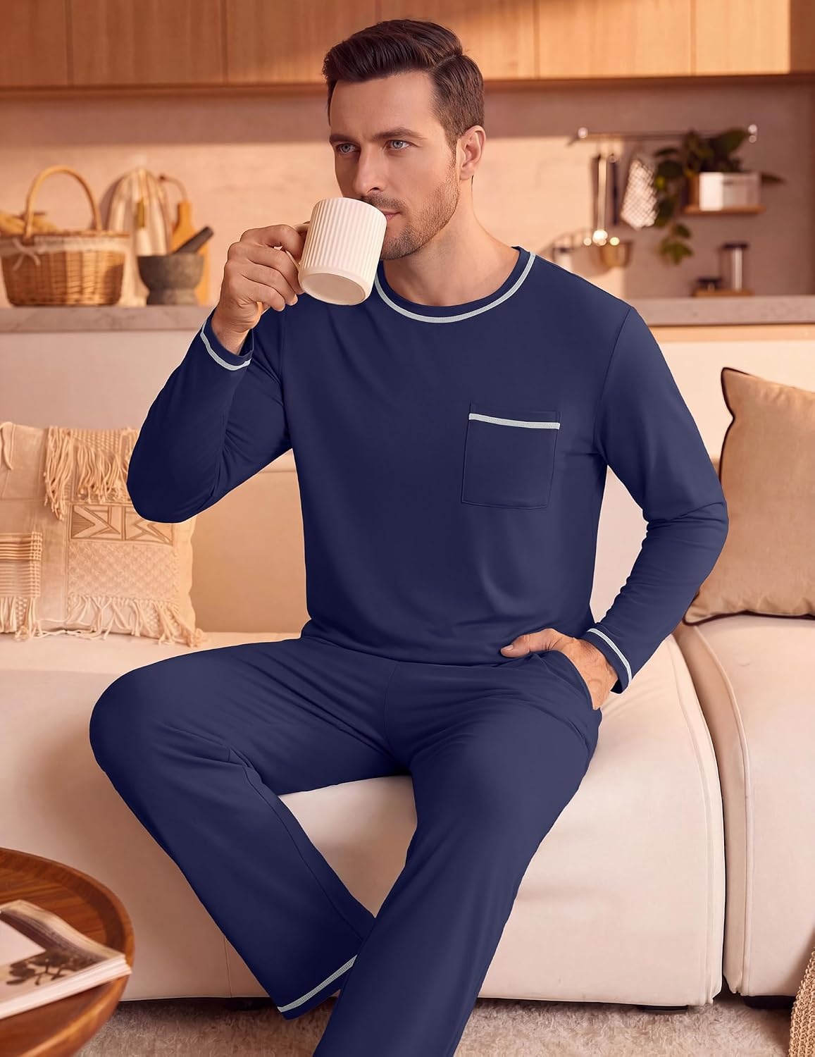image:imageEkouaer Mens Long Sleeve TShirt Pajama Set Soft 2 Piece Lounge Set Lightweight Long Sleeve Shirts and Bottoms Soft Comfy Sleep Sets2 Pieces LoungewearCrew NeckNavy