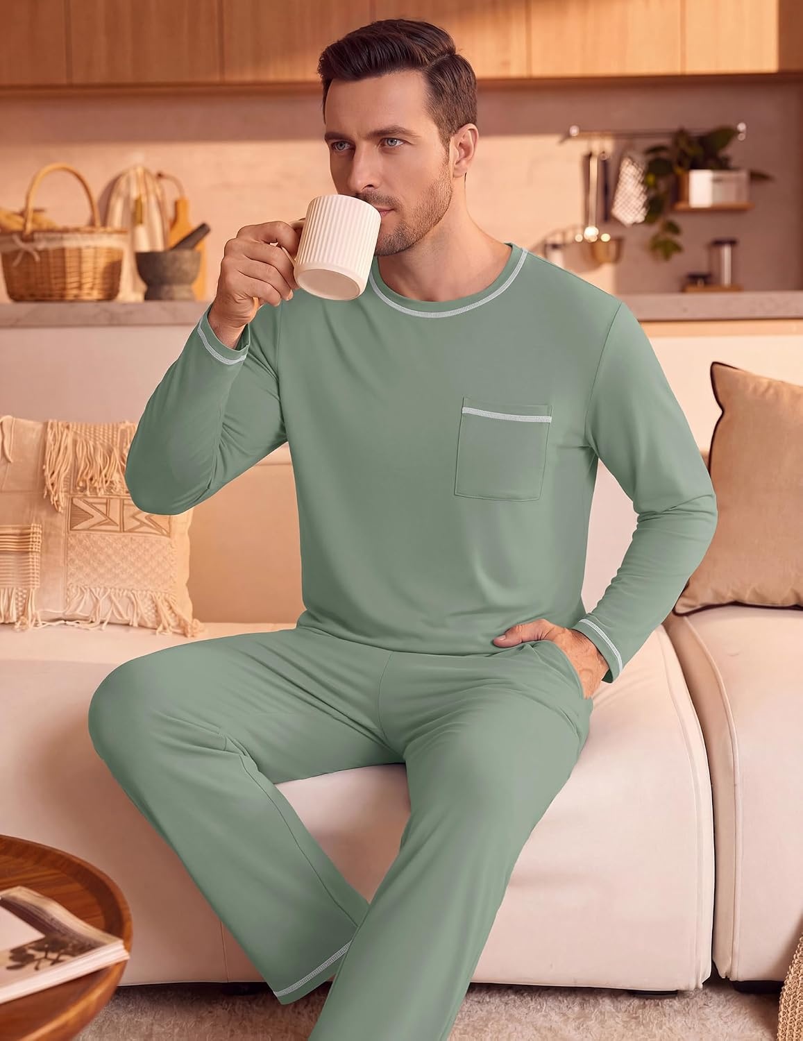 image:imageEkouaer Mens Long Sleeve TShirt Pajama Set Soft 2 Piece Lounge Set Lightweight Long Sleeve Shirts and Bottoms Soft Comfy Sleep Sets2 Pieces LoungewearCrew NeckSage Green