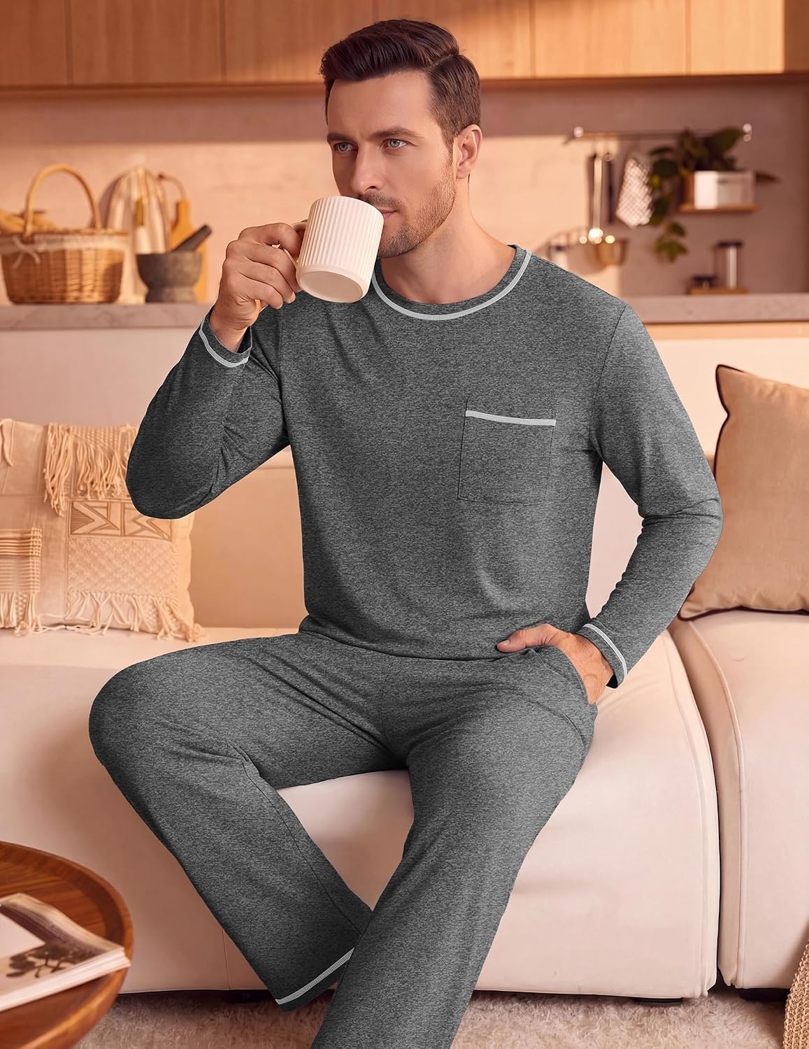 image:imageEkouaer Mens Long Sleeve TShirt Pajama Set Soft 2 Piece Lounge Set Lightweight Long Sleeve Shirts and Bottoms Soft Comfy Sleep Sets2 Pieces LoungewearCrew NeckDark Dray