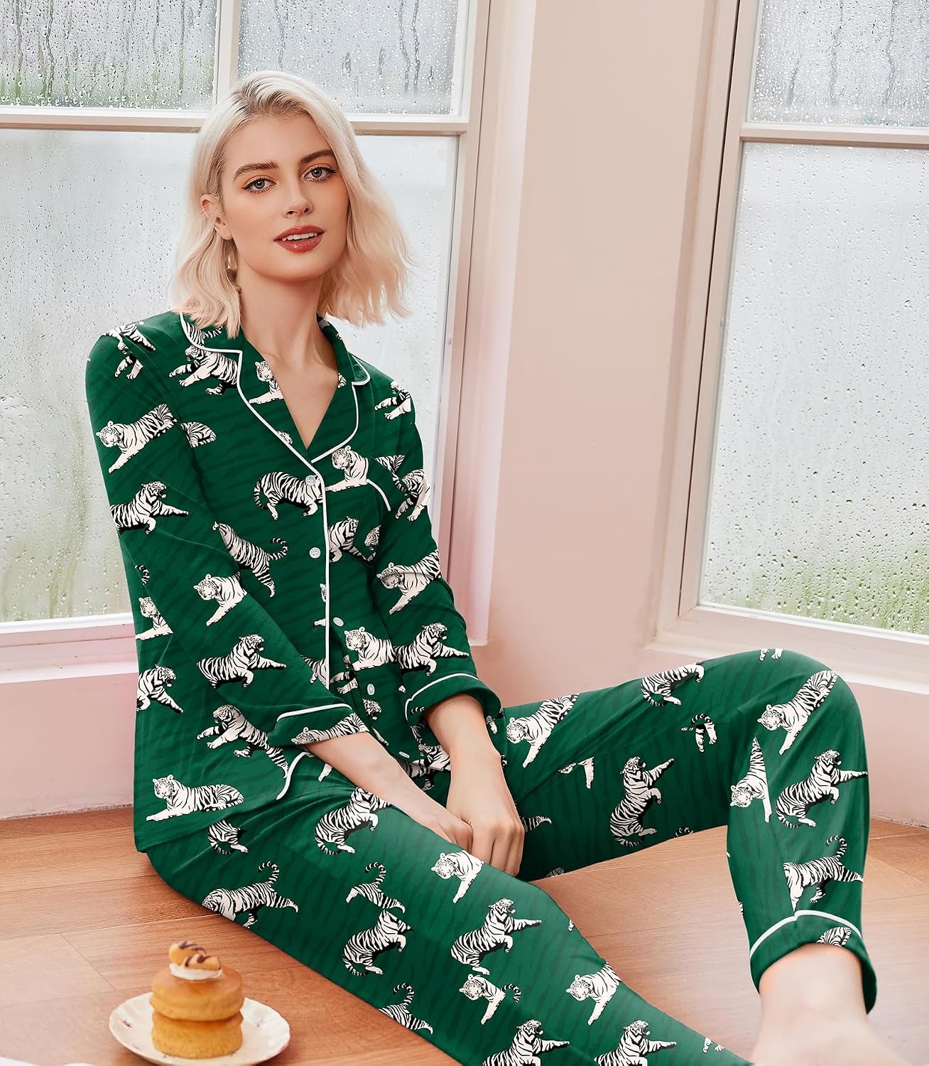 image:imageEkouaer Pajamas Womens Long Sleeve Sleepwear Button Down Loungewear Pjs Set Comfy SoftClassic Notch Collar2 Piece Matching Set for PostpartumMaternityBridalTravelDailyGiftDark Greentiger