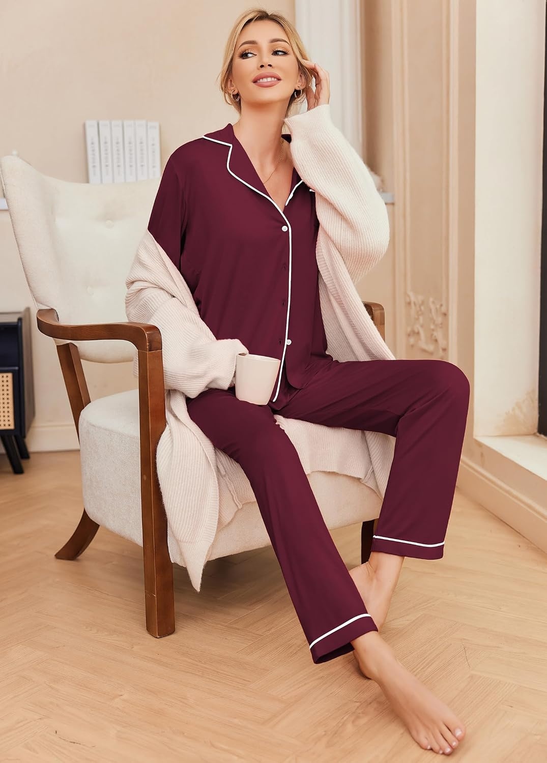 image:imageEkouaer Pajamas Womens Long Sleeve Sleepwear Button Down Loungewear Pjs Set Comfy SoftClassic Notch Collar2 Piece Matching Set for PostpartumMaternityBridalTravelDailyGiftWine Red