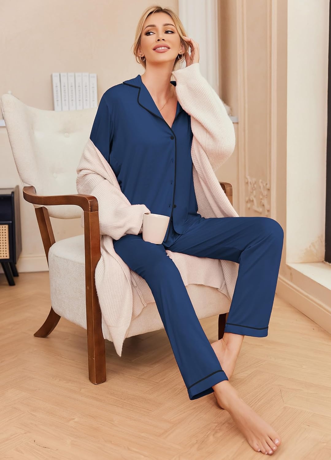 image:imageEkouaer Pajamas Womens Long Sleeve Sleepwear Button Down Loungewear Pjs Set Comfy SoftClassic Notch Collar2 Piece Matching Set for PostpartumMaternityBridalTravelDailyGiftNavy Blue