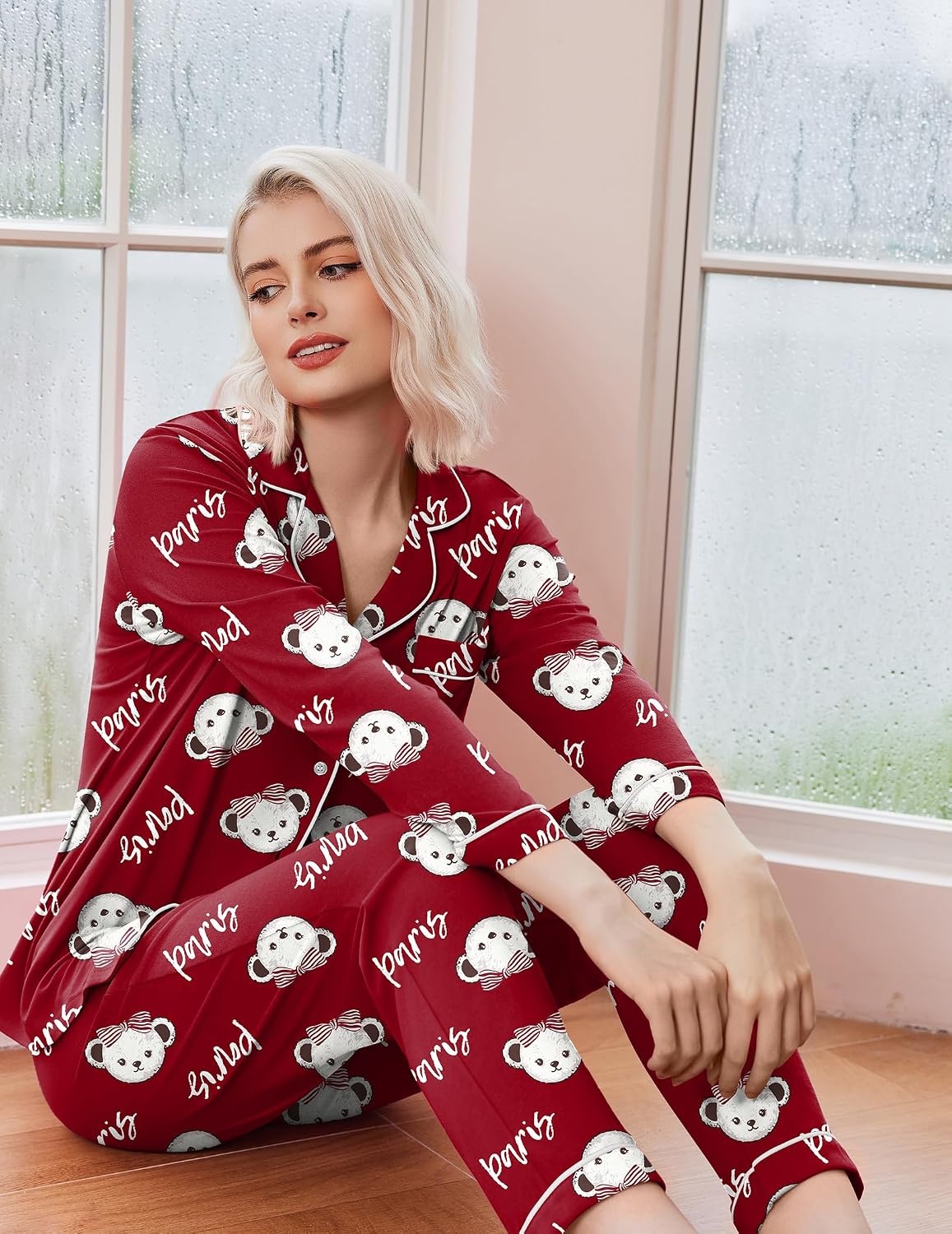 image:imageEkouaer Pajamas Womens Long Sleeve Sleepwear Button Down Loungewear Pjs Set Comfy SoftClassic Notch Collar2 Piece Matching Set for PostpartumMaternityBridalTravelDailyGiftTeddy Wine