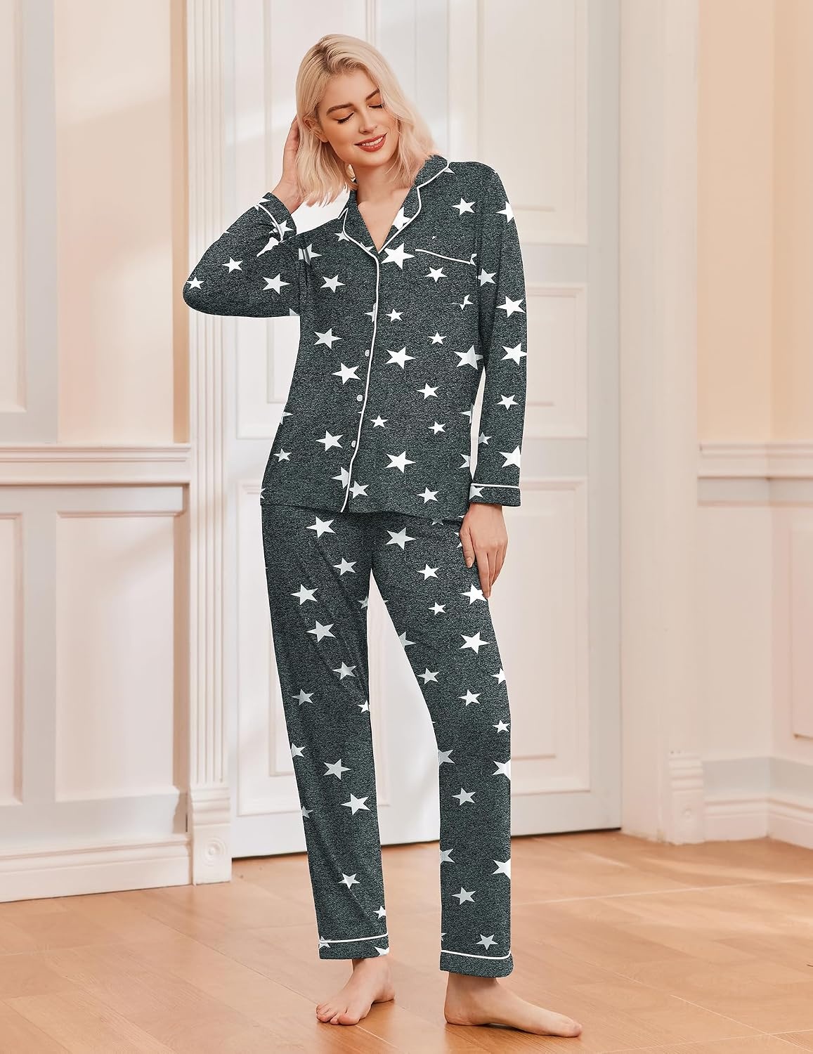 image:imageEkouaer Pajamas Womens Long Sleeve Sleepwear Button Down Loungewear Pjs Set Comfy SoftClassic Notch Collar2 Piece Matching Set for PostpartumMaternityBridalTravelDailyGiftDark Grey White Stars