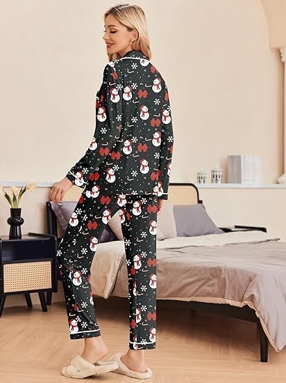 image:imageEkouaer Pajamas Womens Long Sleeve Sleepwear Button Down Loungewear Pjs Set Comfy SoftClassic Notch Collar2 Piece Matching Set for PostpartumMaternityBridalTravelDailyGiftChristmas Black With Snowman