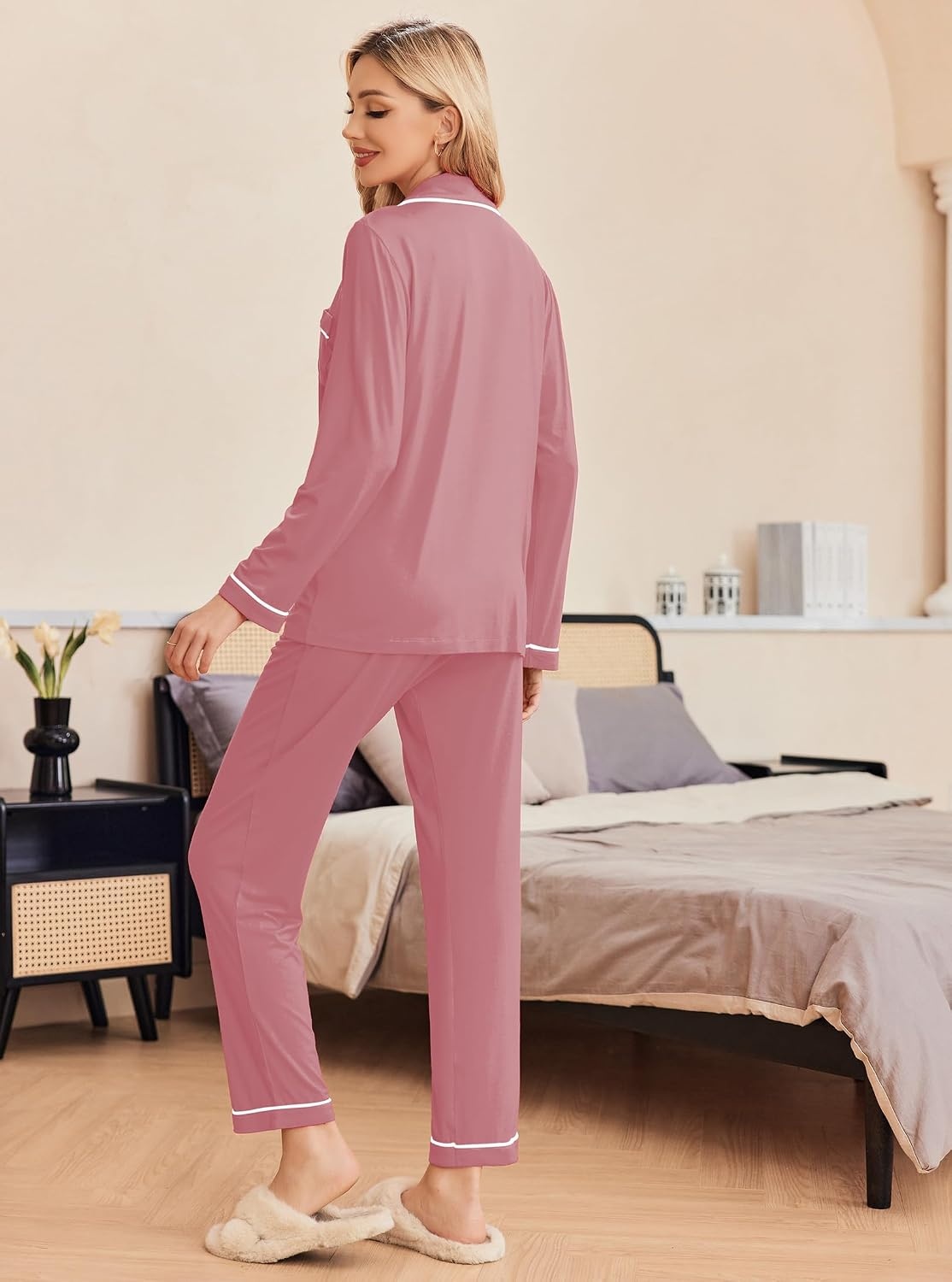 image:imageEkouaer Pajamas Womens Long Sleeve Sleepwear Button Down Loungewear Pjs Set Comfy SoftClassic Notch Collar2 Piece Matching Set for PostpartumMaternityBridalTravelDailyGiftDusty Pink