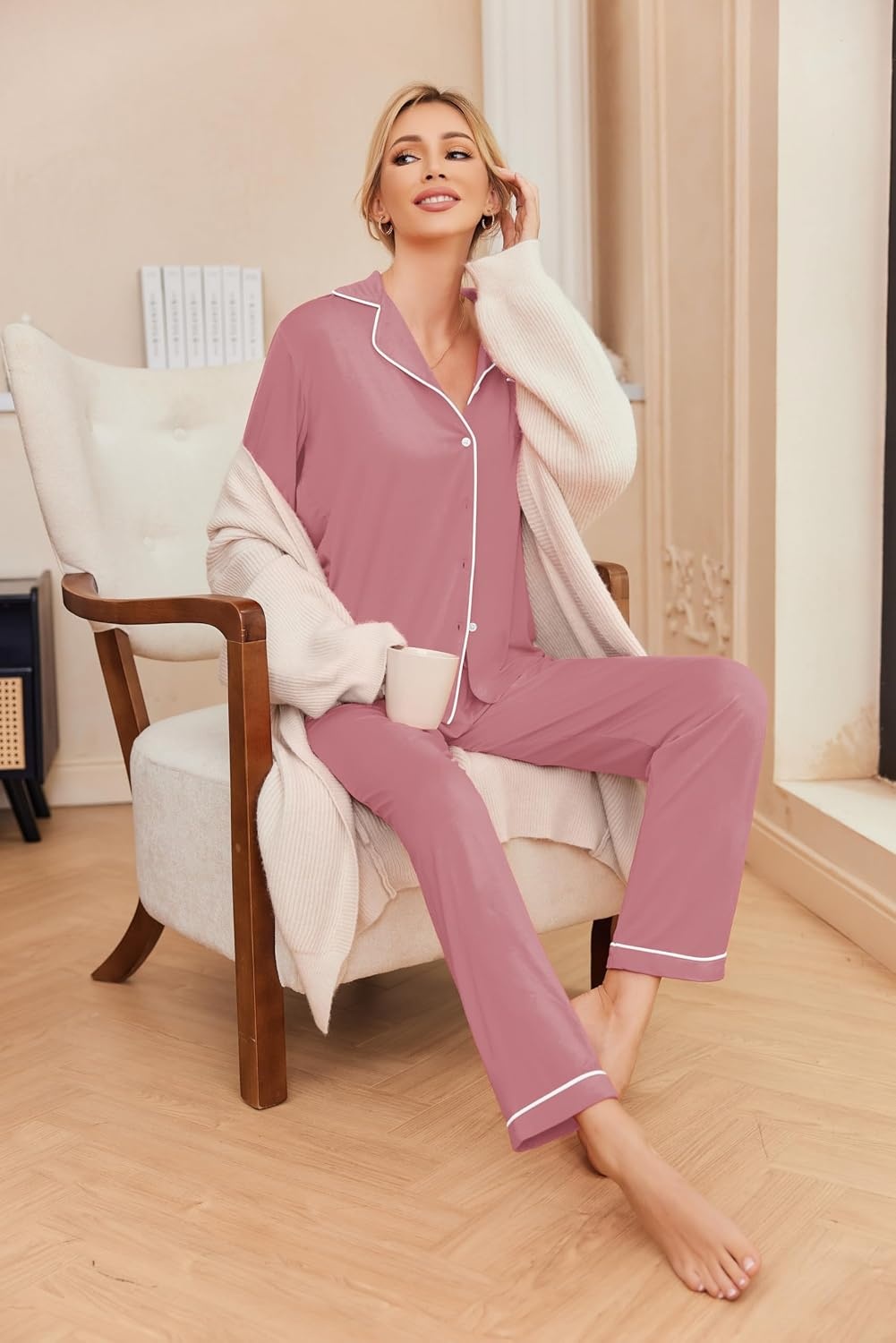 image:imageEkouaer Pajamas Womens Long Sleeve Sleepwear Button Down Loungewear Pjs Set Comfy SoftClassic Notch Collar2 Piece Matching Set for PostpartumMaternityBridalTravelDailyGiftDusty Pink