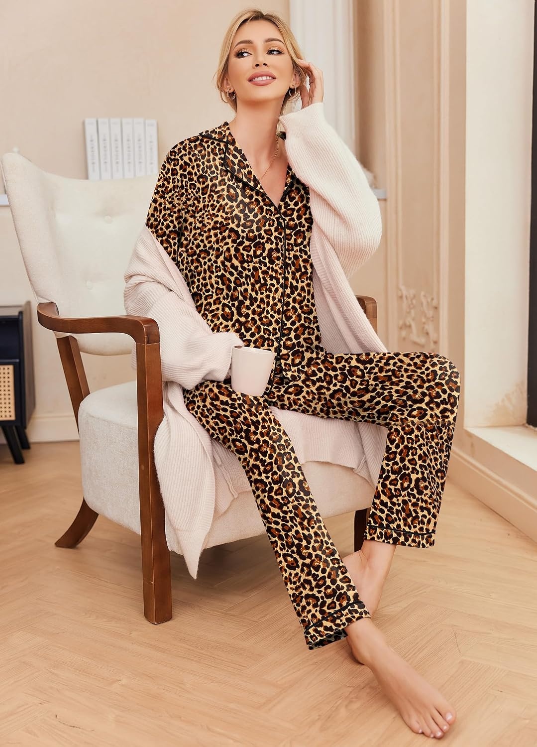 image:imageEkouaer Pajamas Womens Long Sleeve Sleepwear Button Down Loungewear Pjs Set Comfy SoftClassic Notch Collar2 Piece Matching Set for PostpartumMaternityBridalTravelDailyGiftLeopard