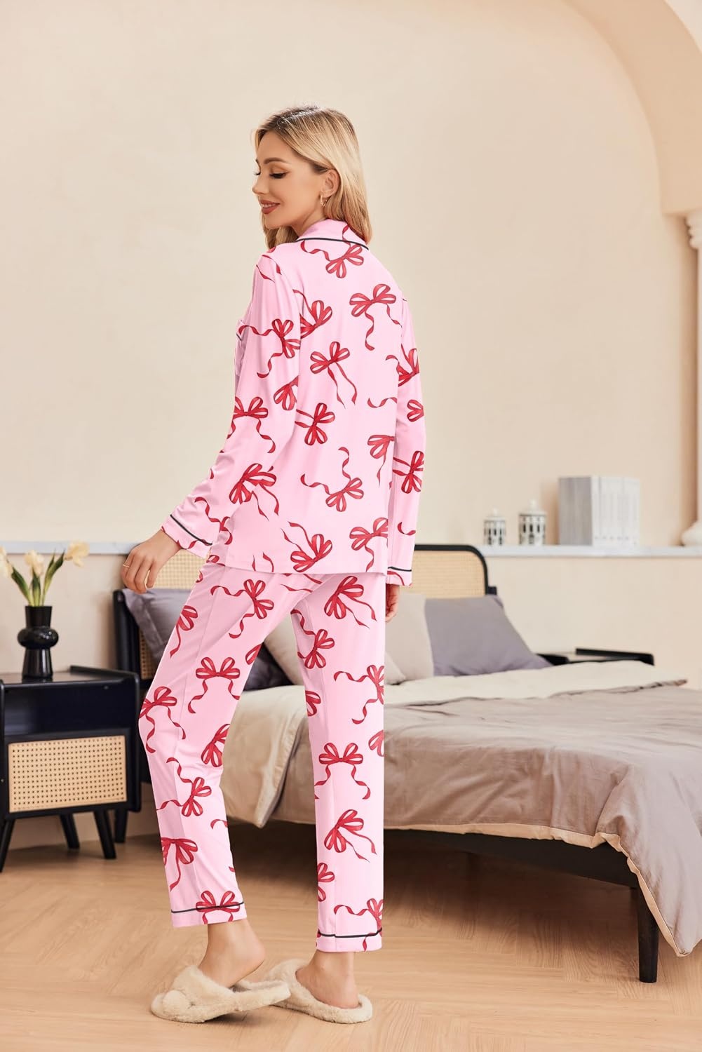 image:imageEkouaer Pajamas Womens Long Sleeve Sleepwear Button Down Loungewear Pjs Set Comfy SoftClassic Notch Collar2 Piece Matching Set for PostpartumMaternityBridalTravelDailyGiftBow Pink Red