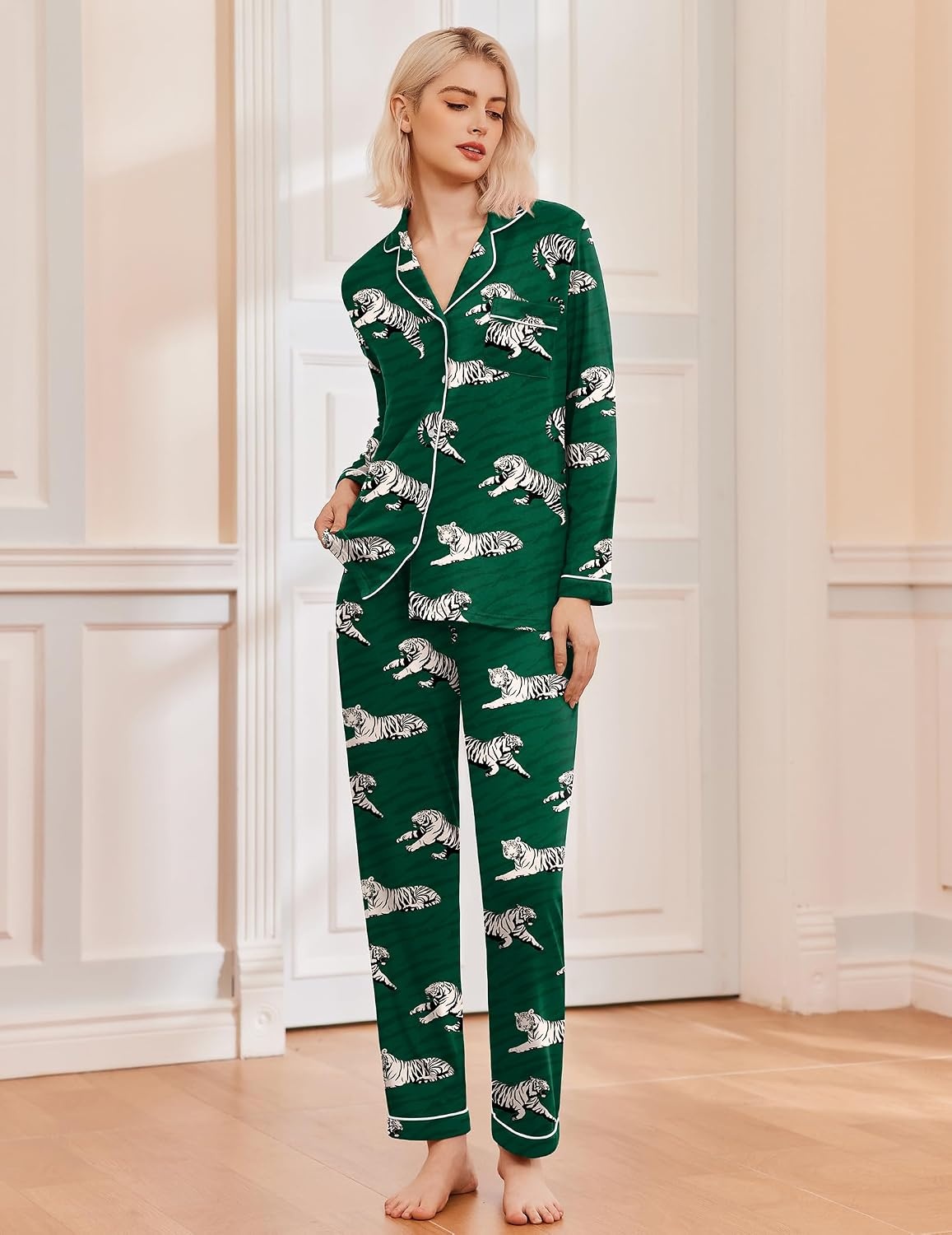 image:imageEkouaer Pajamas Womens Long Sleeve Sleepwear Button Down Loungewear Pjs Set Comfy SoftClassic Notch Collar2 Piece Matching Set for PostpartumMaternityBridalTravelDailyGiftDark Greentiger