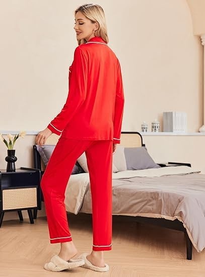image:imageEkouaer Pajamas Womens Long Sleeve Sleepwear Button Down Loungewear Pjs Set Comfy SoftClassic Notch Collar2 Piece Matching Set for PostpartumMaternityBridalTravelDailyGiftRed