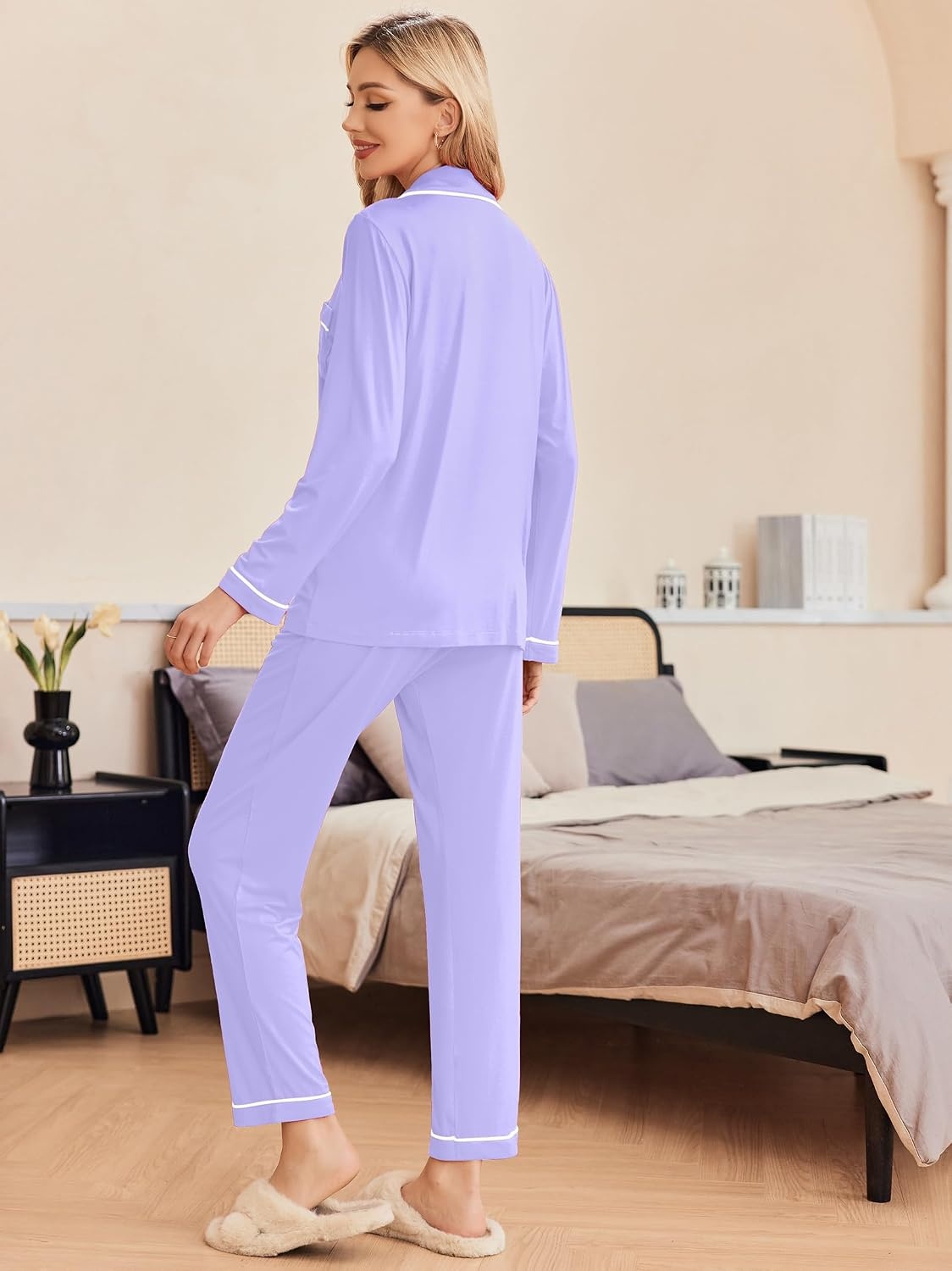 image:imageEkouaer Pajamas Womens Long Sleeve Sleepwear Button Down Loungewear Pjs Set Comfy SoftClassic Notch Collar2 Piece Matching Set for PostpartumMaternityBridalTravelDailyGiftLilac