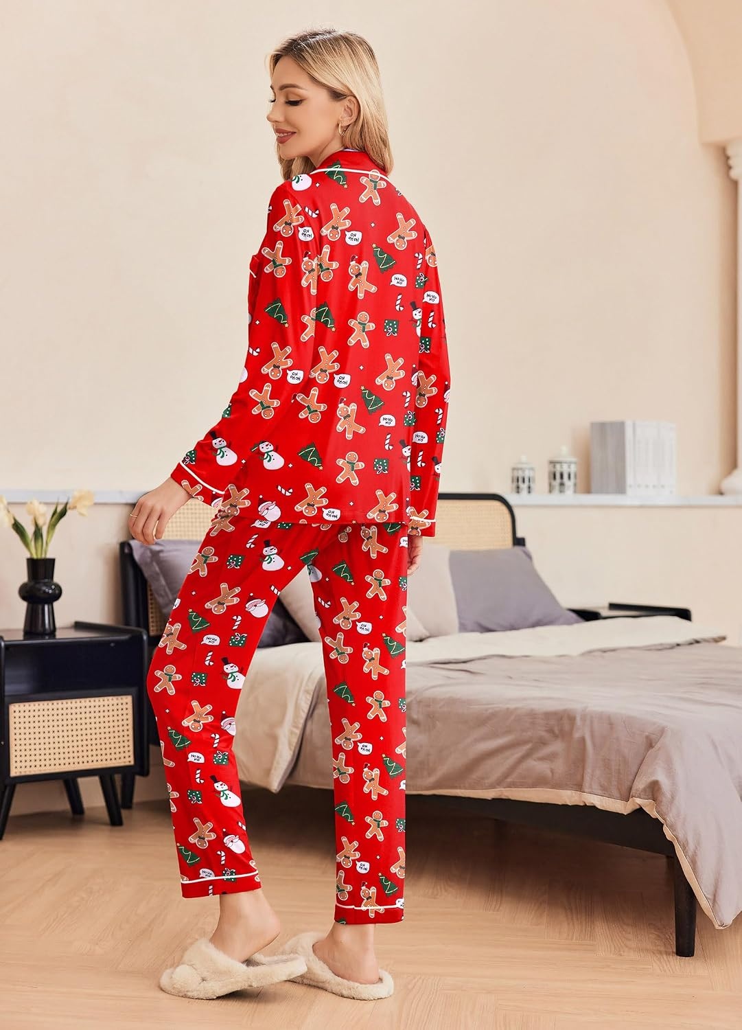 image:imageEkouaer Pajamas Womens Long Sleeve Sleepwear Button Down Loungewear Pjs Set Comfy SoftClassic Notch Collar2 Piece Matching Set for PostpartumMaternityBridalTravelDailyGiftChristmas Red With Gingerbread Man