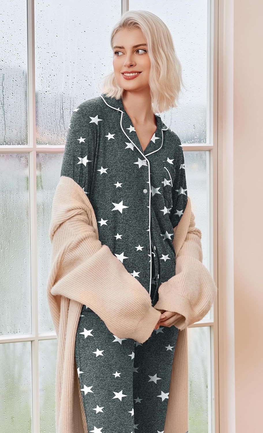 image:imageEkouaer Pajamas Womens Long Sleeve Sleepwear Button Down Loungewear Pjs Set Comfy SoftClassic Notch Collar2 Piece Matching Set for PostpartumMaternityBridalTravelDailyGiftDark Grey White Stars