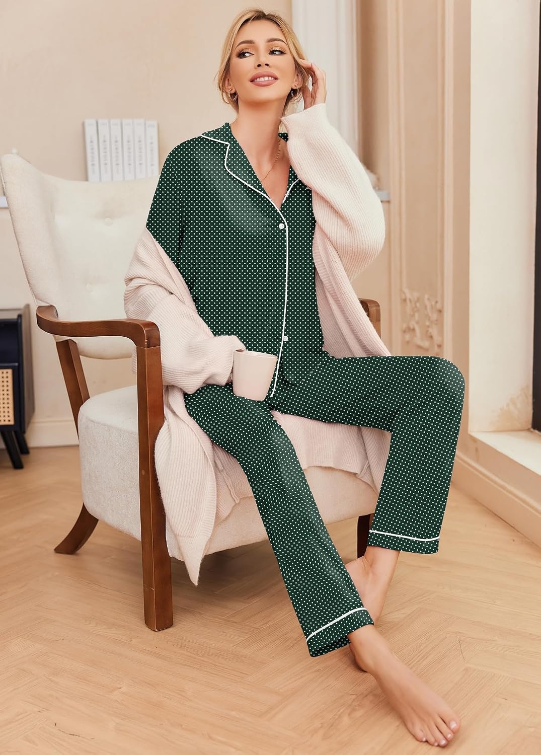 image:imageEkouaer Pajamas Womens Long Sleeve Sleepwear Button Down Loungewear Pjs Set Comfy SoftClassic Notch Collar2 Piece Matching Set for PostpartumMaternityBridalTravelDailyGiftGreen With White Dots